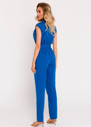 Sleeveless Envelope Jumpsuit with Tapered Legs, Belt & Side Pockets - MimiStylez