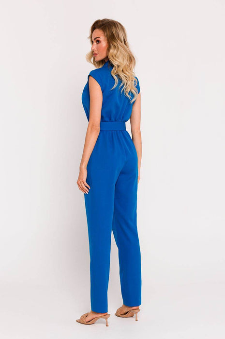 Sleeveless Envelope Jumpsuit with Tapered Legs, Belt & Side Pockets - MimiStylez