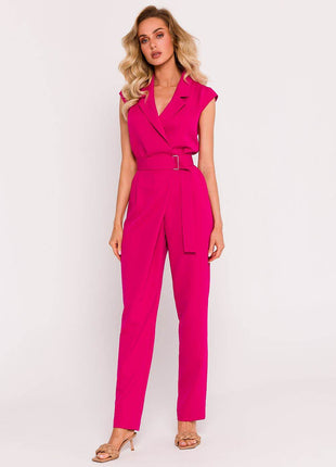 Sleeveless Envelope Jumpsuit with Tapered Legs, Belt & Side Pockets - MimiStylez