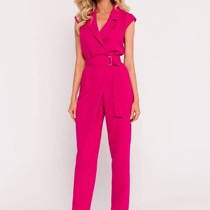 Sleeveless Envelope Jumpsuit with Tapered Legs, Belt & Side Pockets - MimiStylez