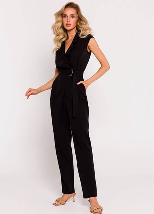 Sleeveless Envelope Jumpsuit with Tapered Legs, Belt & Side Pockets - MimiStylez