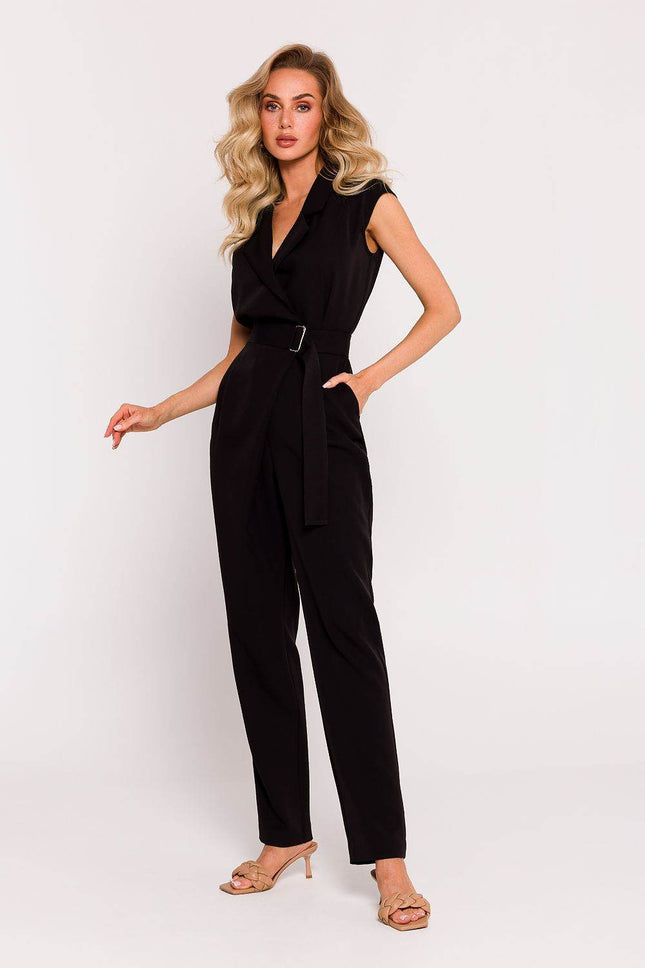 Sleeveless Envelope Jumpsuit with Tapered Legs, Belt & Side Pockets - MimiStylez