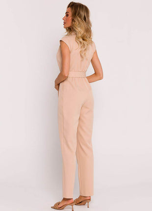 Sleeveless Envelope Jumpsuit with Tapered Legs, Belt & Side Pockets - MimiStylez