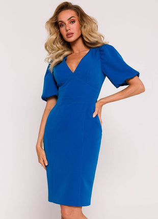 Corset Pencil Dress with Deep V-Neck, Puff Sleeves & Back Zip - MimiStylez