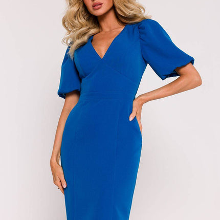 Corset Pencil Dress with Deep V-Neck, Puff Sleeves & Back Zip - MimiStylez