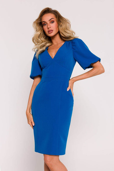 Corset Pencil Dress with Deep V-Neck, Puff Sleeves & Back Zip - MimiStylez
