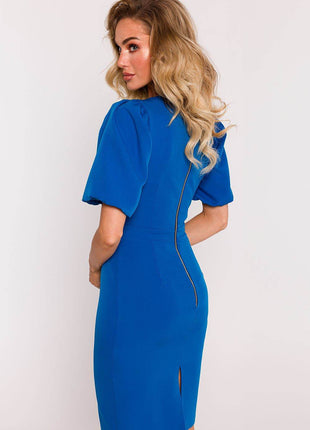Corset Pencil Dress with Deep V-Neck, Puff Sleeves & Back Zip - MimiStylez