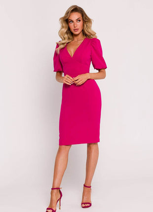 Corset Pencil Dress with Deep V-Neck, Puff Sleeves & Back Zip - MimiStylez