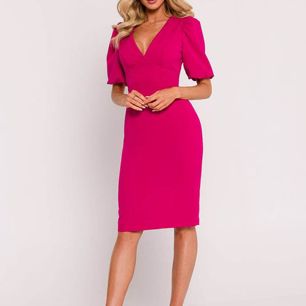 Corset Pencil Dress with Deep V-Neck, Puff Sleeves & Back Zip - MimiStylez
