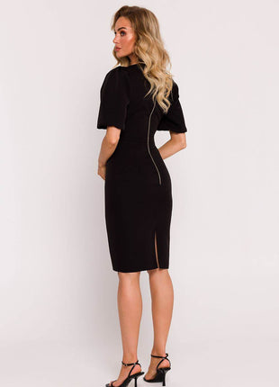 Corset Pencil Dress with Deep V-Neck, Puff Sleeves & Back Zip - MimiStylez
