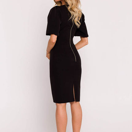 Corset Pencil Dress with Deep V-Neck, Puff Sleeves & Back Zip - MimiStylez