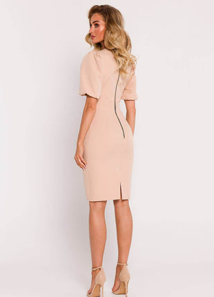 Corset Pencil Dress with Deep V-Neck, Puff Sleeves & Back Zip - MimiStylez