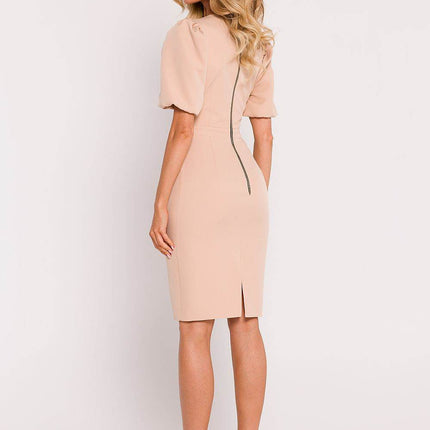Corset Pencil Dress with Deep V-Neck, Puff Sleeves & Back Zip - MimiStylez