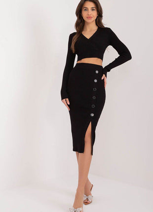 Two-Piece Set: Cropped Viscose Sweater & Ribbed Midi Skirt with Decorative Buttons - MimiStylez