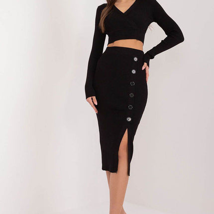 Two-Piece Set: Cropped Viscose Sweater & Ribbed Midi Skirt with Decorative Buttons - MimiStylez
