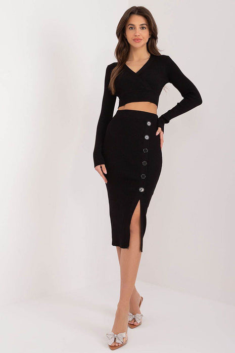 Two-Piece Set: Cropped Viscose Sweater & Ribbed Midi Skirt with Decorative Buttons - MimiStylez