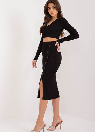 Two-Piece Set: Cropped Viscose Sweater & Ribbed Midi Skirt with Decorative Buttons - MimiStylez