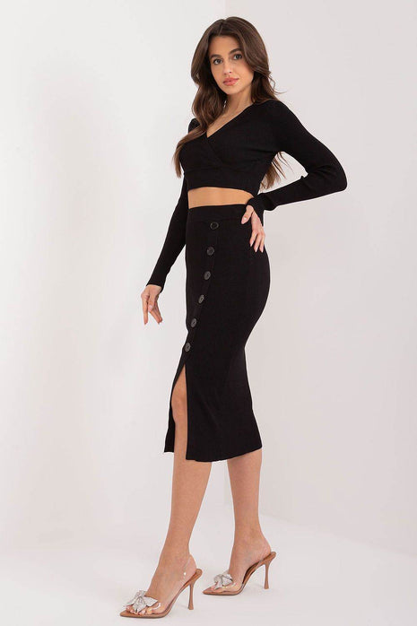 Two-Piece Set: Cropped Viscose Sweater & Ribbed Midi Skirt with Decorative Buttons - MimiStylez