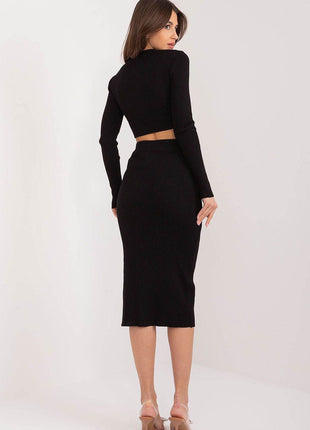 Two-Piece Set: Cropped Viscose Sweater & Ribbed Midi Skirt with Decorative Buttons - MimiStylez