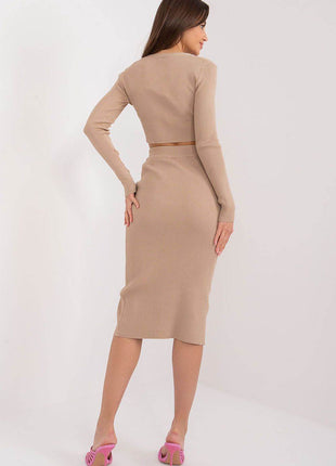 Two-Piece Set: Cropped Viscose Sweater & Ribbed Midi Skirt with Decorative Buttons - MimiStylez