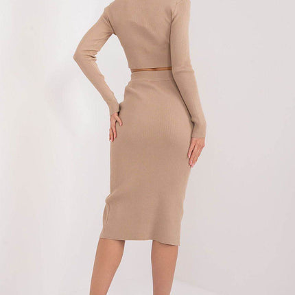 Two-Piece Set: Cropped Viscose Sweater & Ribbed Midi Skirt with Decorative Buttons - MimiStylez