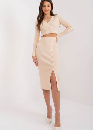 Two-Piece Set: Cropped Viscose Sweater & Ribbed Midi Skirt with Decorative Buttons - MimiStylez