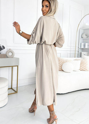 Beige Emery 3/4 Sleeve Midi Dress with Gold Buttons & Waist Tie - MimiStylez