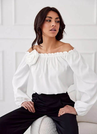 Satin Spanish Blouse with Rose Detail & Comfortable Elastic Fit - MimiStylez