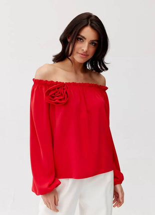 Satin Spanish Blouse with Rose Detail & Comfortable Elastic Fit - MimiStylez