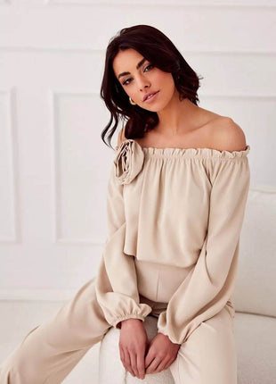 Satin Spanish Blouse with Rose Detail & Comfortable Elastic Fit - MimiStylez