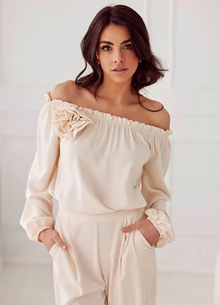 Satin Spanish Blouse with Rose Detail & Comfortable Elastic Fit - MimiStylez