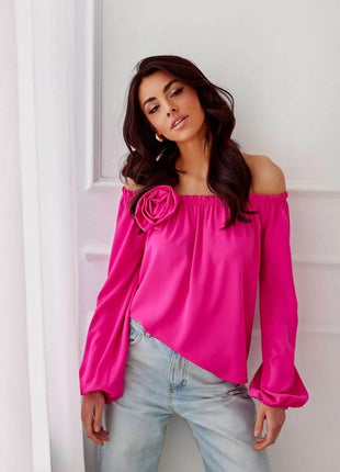 Satin Spanish Blouse with Rose Detail & Comfortable Elastic Fit - MimiStylez