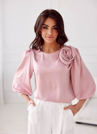 Satin Blouse with Rose Detail & Flowy 3/4 Sleeves – Chic & Comfortable - MimiStylez