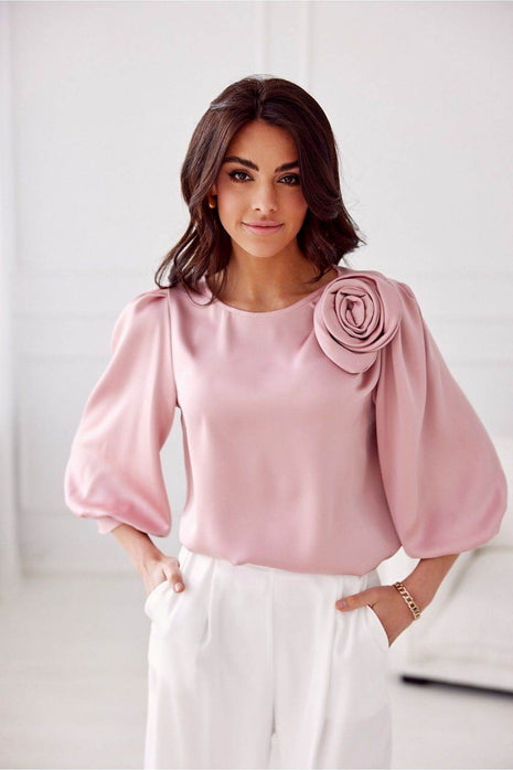 Satin Blouse with Rose Detail & Flowy 3/4 Sleeves – Chic & Comfortable - MimiStylez
