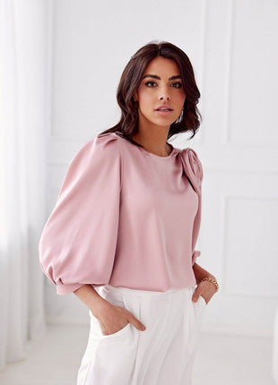 Satin Blouse with Rose Detail & Flowy 3/4 Sleeves – Chic & Comfortable - MimiStylez
