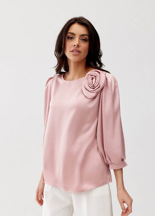 Satin Blouse with Rose Detail & Flowy 3/4 Sleeves – Chic & Comfortable - MimiStylez