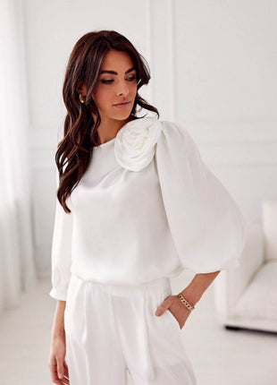 Satin Blouse with Rose Detail & Flowy 3/4 Sleeves – Chic & Comfortable - MimiStylez