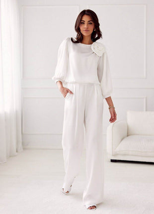 Satin Blouse with Rose Detail & Flowy 3/4 Sleeves – Chic & Comfortable - MimiStylez