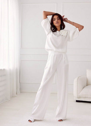 Satin Blouse with Rose Detail & Flowy 3/4 Sleeves – Chic & Comfortable - MimiStylez