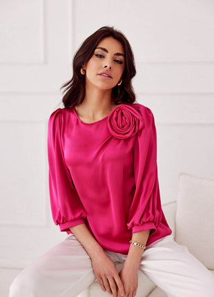 Satin Blouse with Rose Detail & Flowy 3/4 Sleeves – Chic & Comfortable - MimiStylez