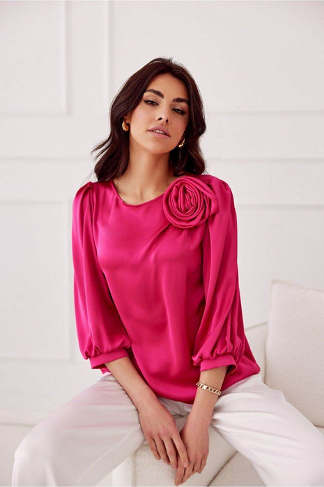 Satin Blouse with Rose Detail & Flowy 3/4 Sleeves – Chic & Comfortable - MimiStylez