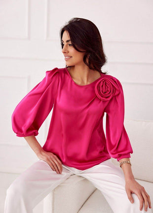 Satin Blouse with Rose Detail & Flowy 3/4 Sleeves – Chic & Comfortable - MimiStylez