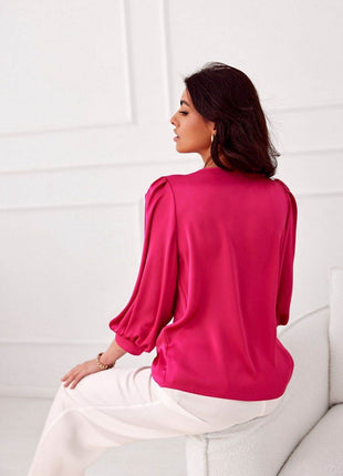 Satin Blouse with Rose Detail & Flowy 3/4 Sleeves – Chic & Comfortable - MimiStylez