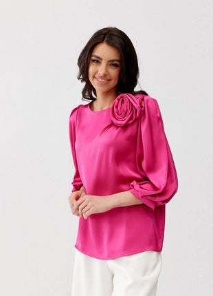 Satin Blouse with Rose Detail & Flowy 3/4 Sleeves – Chic & Comfortable - MimiStylez