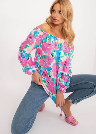 Floral Off-Shoulder Blouse with Puff Sleeves and Creased Neckline - MimiStylez
