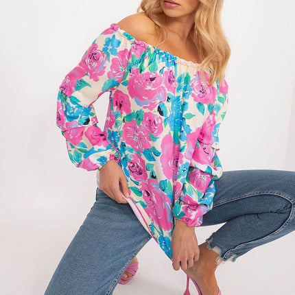 Floral Off-Shoulder Blouse with Puff Sleeves and Creased Neckline - MimiStylez