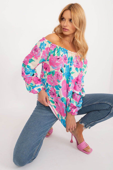 Floral Off-Shoulder Blouse with Puff Sleeves and Creased Neckline - MimiStylez