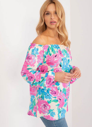 Floral Off-Shoulder Blouse with Puff Sleeves and Creased Neckline - MimiStylez
