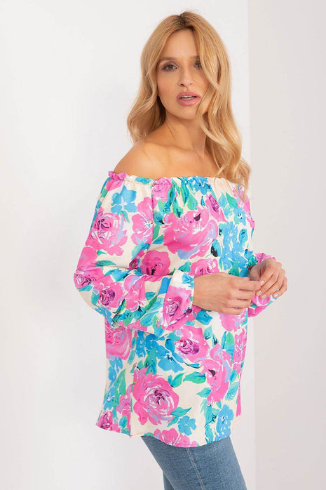 Floral Off-Shoulder Blouse with Puff Sleeves and Creased Neckline - MimiStylez