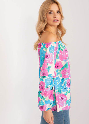 Floral Off-Shoulder Blouse with Puff Sleeves and Creased Neckline - MimiStylez